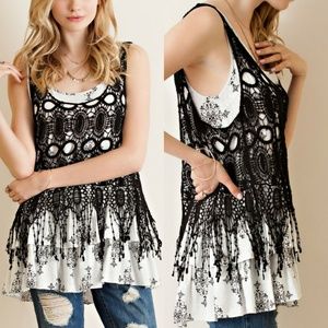 LAST ONE Entro Black Lace Fringe Layer Top
